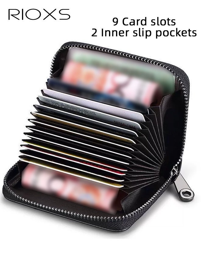 ريوكس محفظة رفيعة للغاية متعددة الوظائف للجنسين مع حماية RFID وفتحات متعددة للبطاقات وجيب للنقود المعدنية وحامل بطاقات صغير الحجم مع 9 فتحات للبطاقات وفواصل، جلد أسود محبب - إكسسوار أساسي للاستخدام اليومي، 11*8*2 سم - Image 2